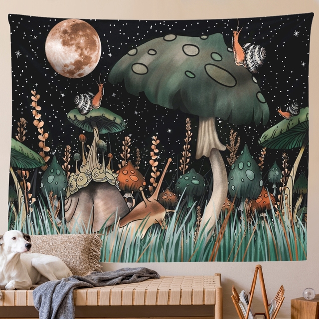 Gobeliny dekoracyjne Mushroom Tapestry - księżyc, gwiazdy, ślimak, fantasy, rośliny i liście - Wianko - 3