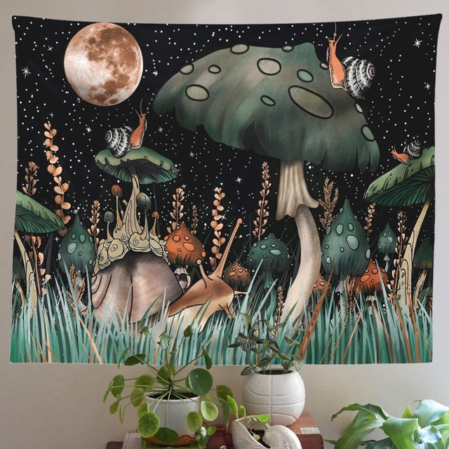 Gobeliny dekoracyjne Mushroom Tapestry - księżyc, gwiazdy, ślimak, fantasy, rośliny i liście - Wianko - 4