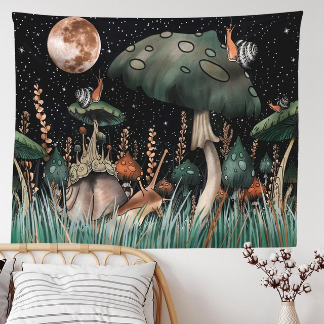 Gobeliny dekoracyjne Mushroom Tapestry - księżyc, gwiazdy, ślimak, fantasy, rośliny i liście - Wianko - 5