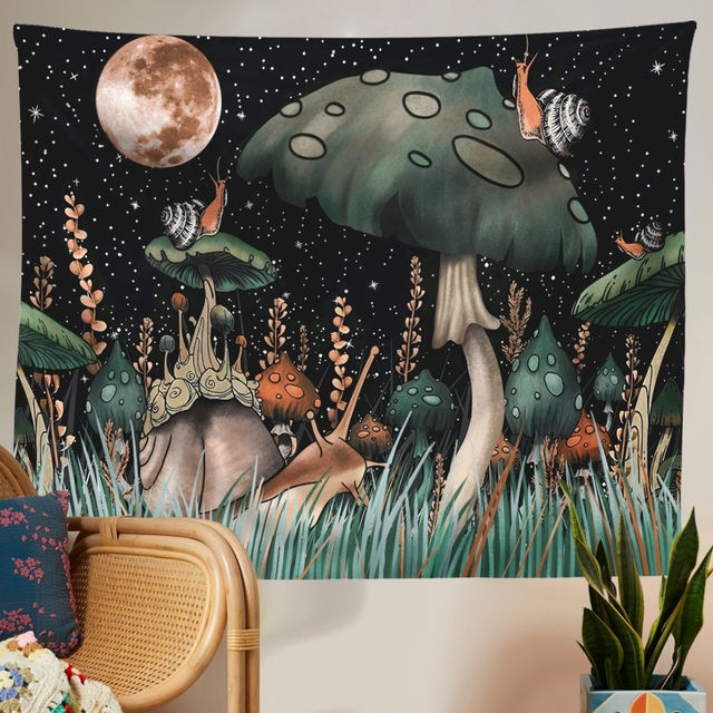 Gobeliny dekoracyjne Mushroom Tapestry - księżyc, gwiazdy, ślimak, fantasy, rośliny i liście - Wianko - 2
