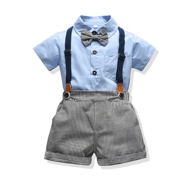 Dżentelmeński garnitur dla niemowlęcia: koszulka z krótkim rękawkiem z muszką + szelki szorty - Wianko - 2