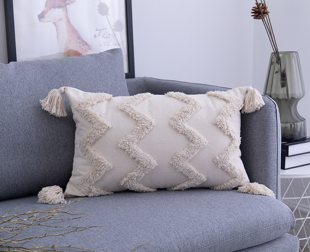Poduszka frędzle beżowo-czernica Boho z ręcznie tkanej tkaniny - dekoracyjna poszewka na sofę lub do salonu - Wianko - 7