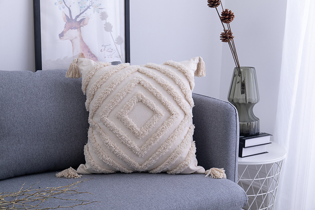 Poduszka frędzle beżowo-czernica Boho z ręcznie tkanej tkaniny - dekoracyjna poszewka na sofę lub do salonu - Wianko - 8