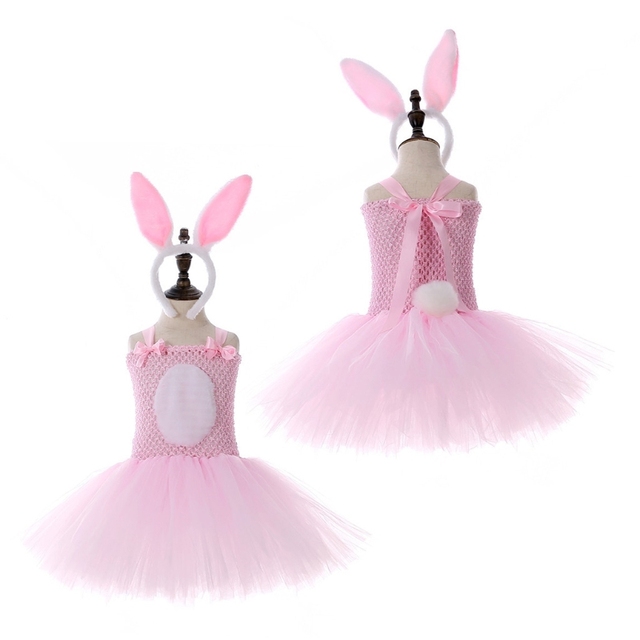 Różowa sukienka z tutu i różowym halterem dla dziewczynek z uszami króliczka na opasce - Wianko - 5