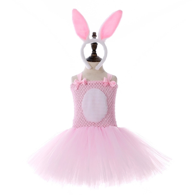 Różowa sukienka z tutu i różowym halterem dla dziewczynek z uszami króliczka na opasce - Wianko - 4