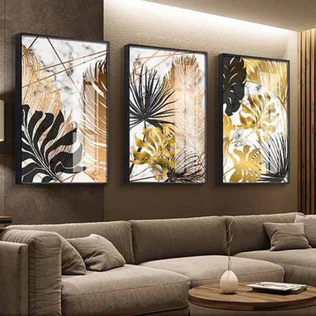 Obraz abstrakcyjny do salonu - Czarne złoto, liściaste rośliny, nowoczesne malowanie - Wianko - 6