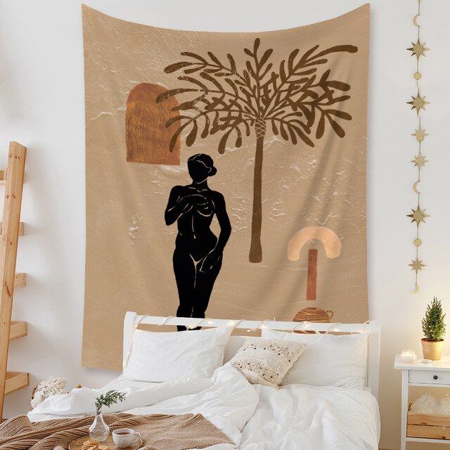 Nordycki gobelin ścienny z abstrakcyjnym obrazem kobiety i wzorem roślinnym - dekoracja wnętrza stylu boho, idealna do zawieszenia na ścianie lub użycia jako koc, dywan do jogi - Wianko - 23