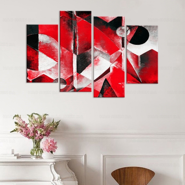 Duży obraz abstrakcyjny podzielony na płótnie - czerwony, szary - malarstwo dekoracyjne w ramce - Wianko - 4