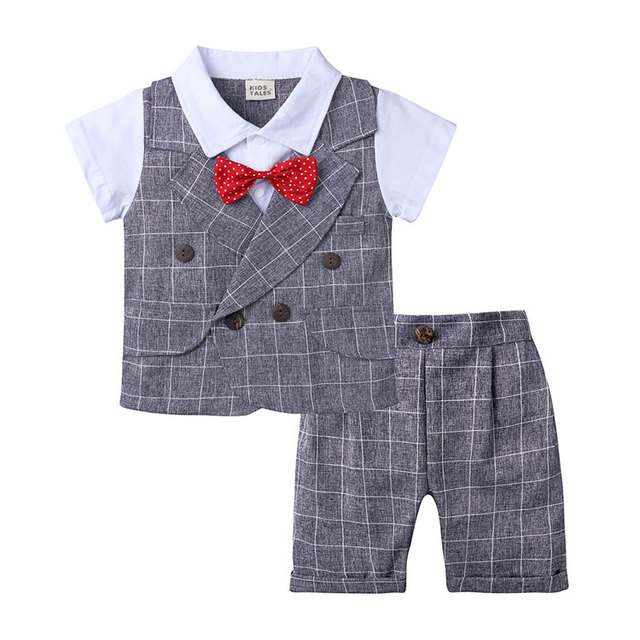 Formalny zestaw ubrań dla letnich maluchów - koszulka z krótkim rękawem i spodenki bawełniane dla chłopców (1-4 lata) - Wianko - 4