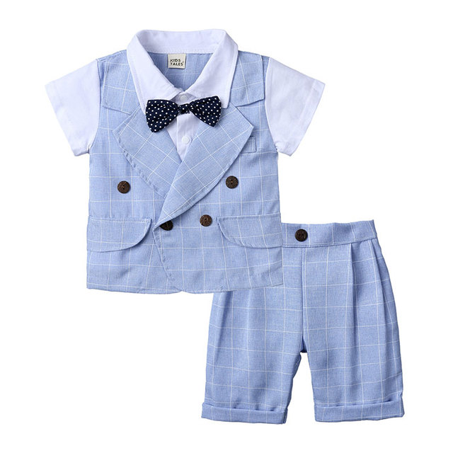 Formalny zestaw ubrań dla letnich maluchów - koszulka z krótkim rękawem i spodenki bawełniane dla chłopców (1-4 lata) - Wianko - 2