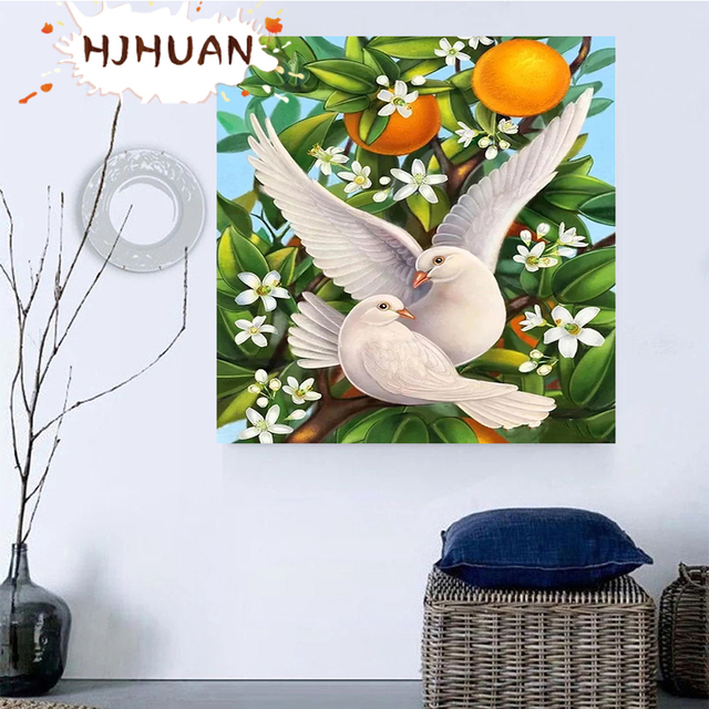 Diamentowy obraz ptak pomarańczowy drzewo kwiat mozaika haft kwadratowy - Wianko - 2