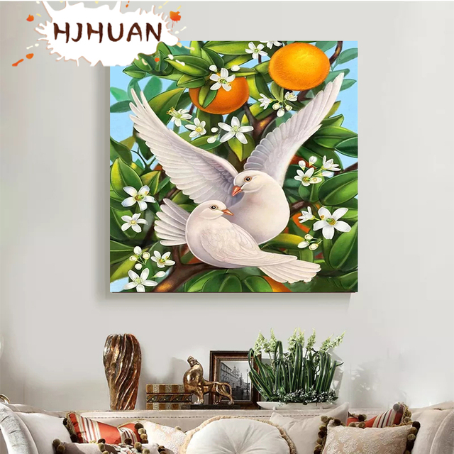 Diamentowy obraz ptak pomarańczowy drzewo kwiat mozaika haft kwadratowy - Wianko - 3