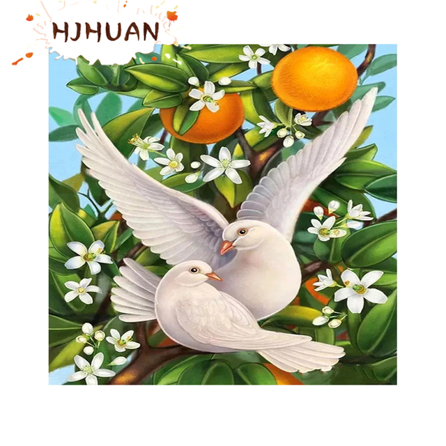 Diamentowy obraz ptak pomarańczowy drzewo kwiat mozaika haft kwadratowy - Wianko - 4