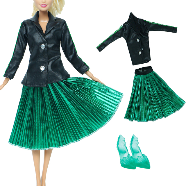 Zestaw 1 strój dla lalki Barbie - elegancka bluzka, zielony płaszcz i plisowana spódnica - wysokie obcasy - Wianko - 2