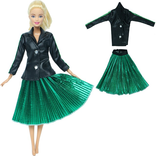 Zestaw 1 strój dla lalki Barbie - elegancka bluzka, zielony płaszcz i plisowana spódnica - wysokie obcasy - Wianko - 3