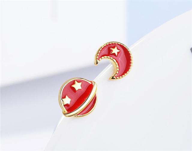 Eleganckie kolczyki asymetryczne z czerwonym księżycem i planetą - koreański styl, srebro 925, SEA437 - Wianko - 23