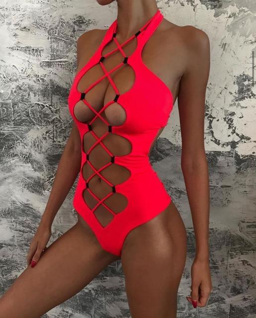 Monokini czarny, wycięty na szyję, wysokie cięcie, backless - strój kąpielowy jednoczęściowy - Wianko - 3