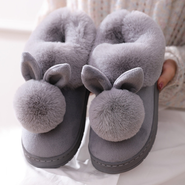 Puszyste kapcie zimowe z uszami królika - ciepłe buty damskie, przesłodkie klapki pluszowe - Wianko - 2