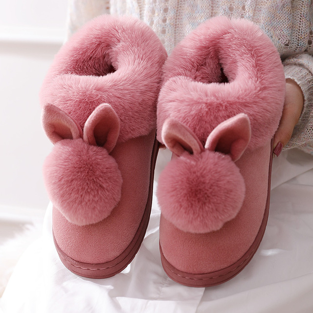 Puszyste kapcie zimowe z uszami królika - ciepłe buty damskie, przesłodkie klapki pluszowe - Wianko - 3