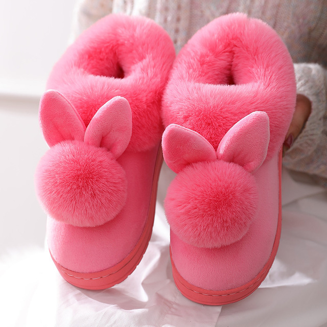 Puszyste kapcie zimowe z uszami królika - ciepłe buty damskie, przesłodkie klapki pluszowe - Wianko - 5
