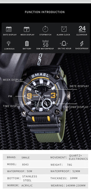 Zegarek cyfrowy męski BASID wojskowy, wodoodporny, podwójny wyświetlacz, data - Wianko - 6