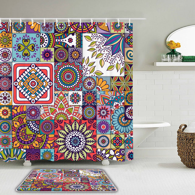 2 zestawy stylu boho Mandala - prysznicowe zasłony kurtyny kąpielowe wodoodporne z hakami i matą antypoślizgową do łazienki - Wianko - 9