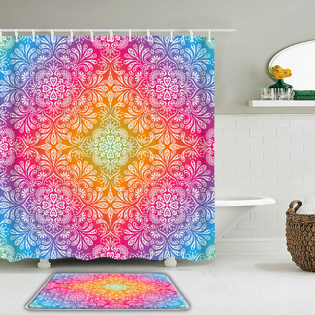 2 zestawy stylu boho Mandala - prysznicowe zasłony kurtyny kąpielowe wodoodporne z hakami i matą antypoślizgową do łazienki - Wianko - 11