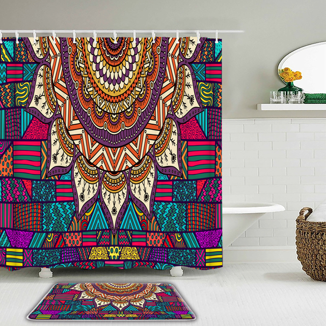 2 zestawy stylu boho Mandala - prysznicowe zasłony kurtyny kąpielowe wodoodporne z hakami i matą antypoślizgową do łazienki - Wianko - 5