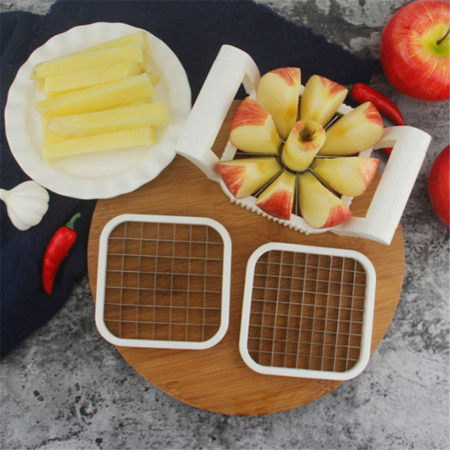 Krajalnica do frytek i nóż 3 w 1, stworzone ze stali nierdzewnej - idealne do krojenia owoców, jabłek, ziemniaków i przygotowywania frytek - Wianko - 2