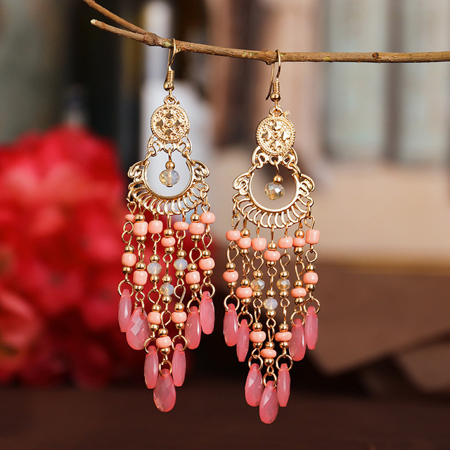 Kolczyki wiszące z kolorowymi koralikami i długim czeskim kryształem - vintage biżuteria dla kobiet - Wianko - 18