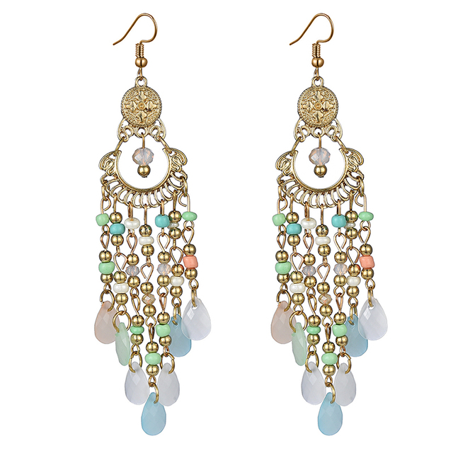 Kolczyki wiszące z kolorowymi koralikami i długim czeskim kryształem - vintage biżuteria dla kobiet - Wianko - 7