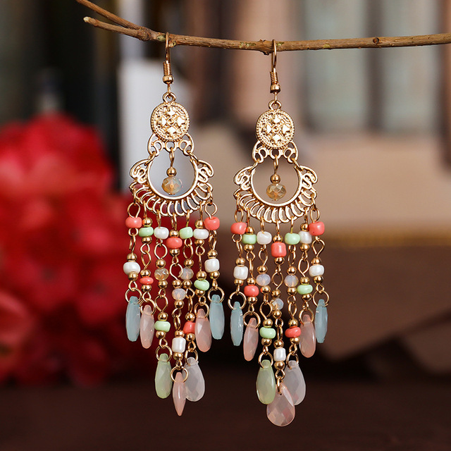 Kolczyki wiszące z kolorowymi koralikami i długim czeskim kryształem - vintage biżuteria dla kobiet - Wianko - 21