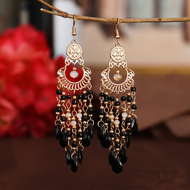 Kolczyki wiszące z kolorowymi koralikami i długim czeskim kryształem - vintage biżuteria dla kobiet - Wianko - 19