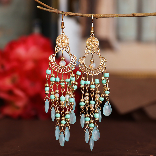 Kolczyki wiszące z kolorowymi koralikami i długim czeskim kryształem - vintage biżuteria dla kobiet - Wianko - 16