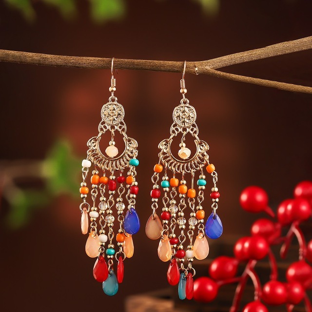 Kolczyki wiszące z kolorowymi koralikami i długim czeskim kryształem - vintage biżuteria dla kobiet - Wianko - 22