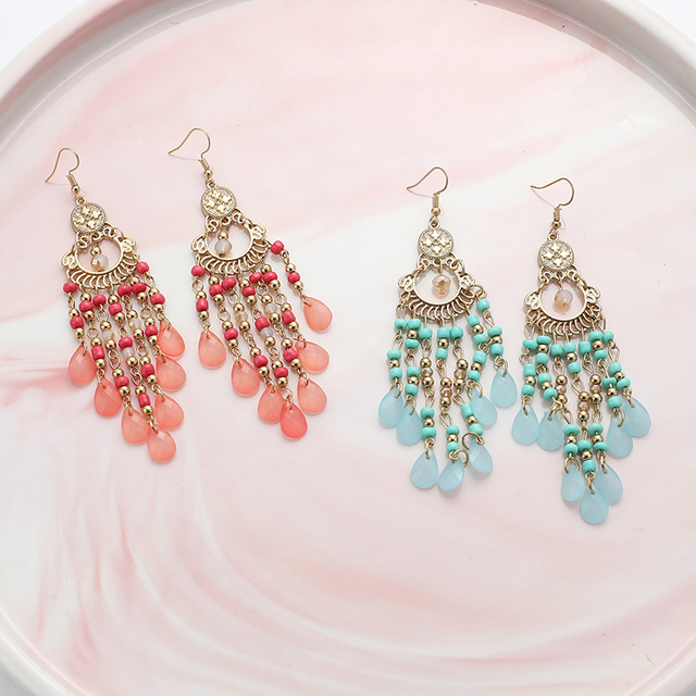 Kolczyki wiszące z kolorowymi koralikami i długim czeskim kryształem - vintage biżuteria dla kobiet - Wianko - 14