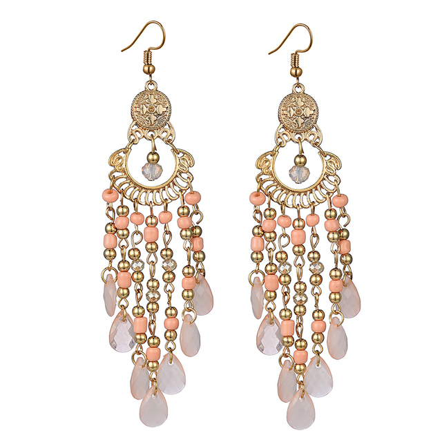 Kolczyki wiszące z kolorowymi koralikami i długim czeskim kryształem - vintage biżuteria dla kobiet - Wianko - 9