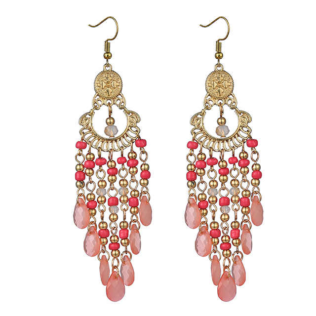 Kolczyki wiszące z kolorowymi koralikami i długim czeskim kryształem - vintage biżuteria dla kobiet - Wianko - 10
