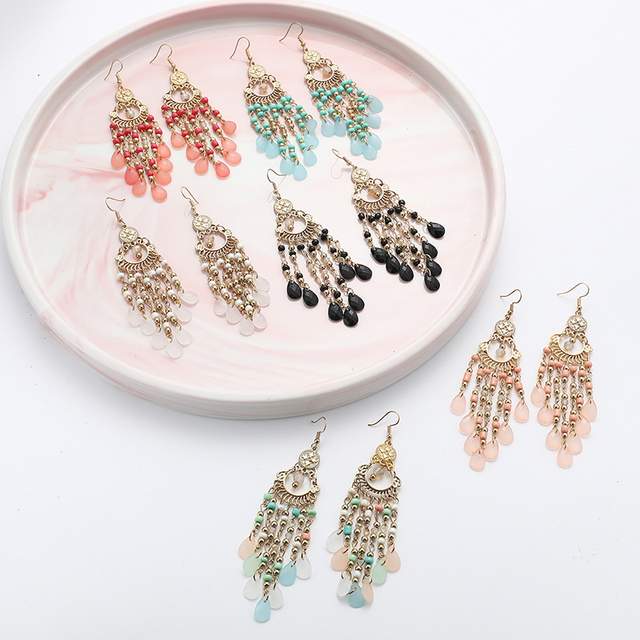 Kolczyki wiszące z kolorowymi koralikami i długim czeskim kryształem - vintage biżuteria dla kobiet - Wianko - 15