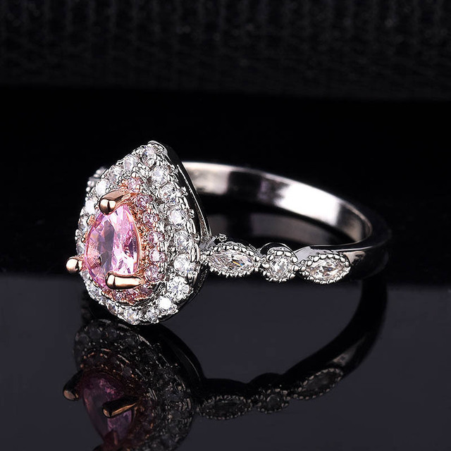 Duży posrebrzany pierścionek z różowym kryształem w kształcie kropli wody - biżuteria vintage dla kobiet - Wianko - 2