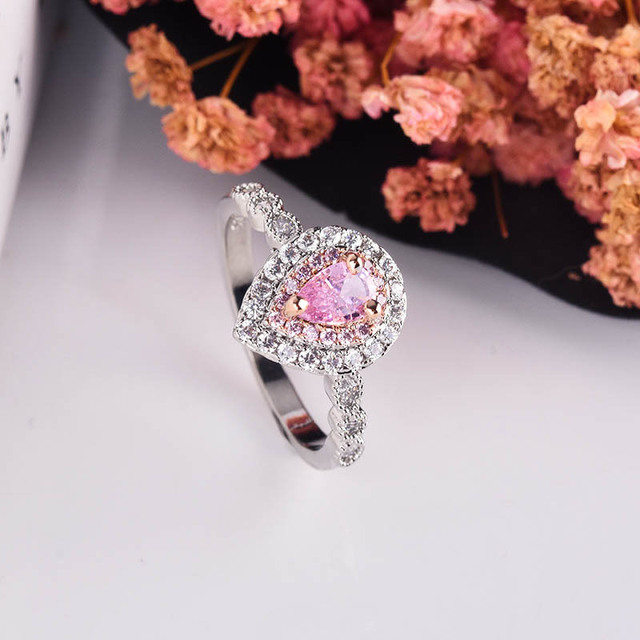 Duży posrebrzany pierścionek z różowym kryształem w kształcie kropli wody - biżuteria vintage dla kobiet - Wianko - 7