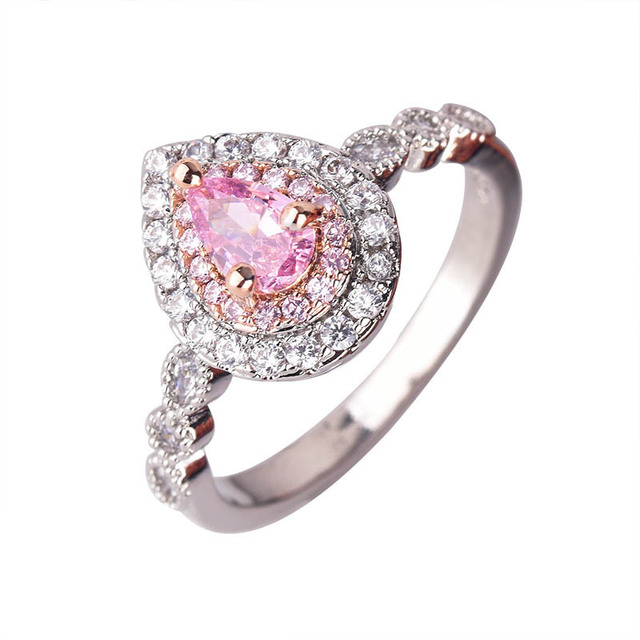 Duży posrebrzany pierścionek z różowym kryształem w kształcie kropli wody - biżuteria vintage dla kobiet - Wianko - 10