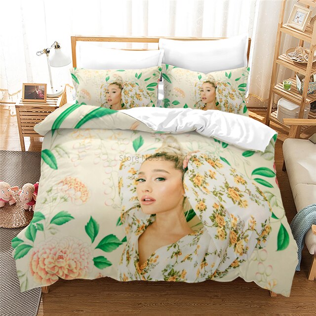 Zestaw pościeli Ariana Grande 3D - kołdra, poszewki na poduszki (pełne/dekoracyjne), cyfrowy druk, pojedyncze/podwójne/podwójne duże/królewskie rozmiary, do sypialni - Wianko - 3
