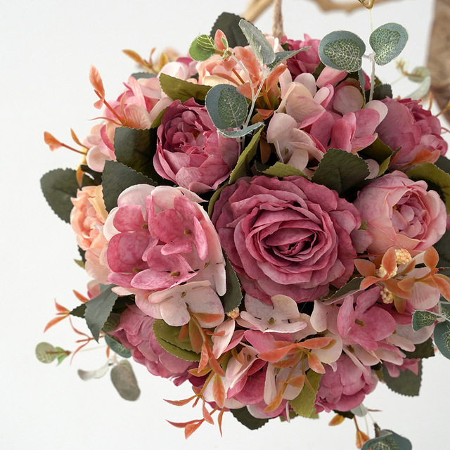 Sztuczna piwonia kwiat liny konopne z jedwabną hortensją do zawieszenia - dekoracja weselnego wystroju i oświetlenie imprezy - Wianko - 1