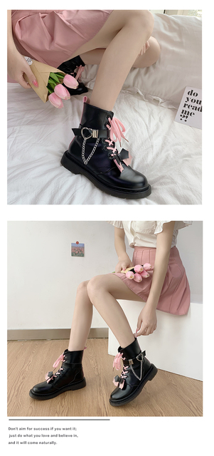 Buty damskie Lolita w różowym kolorze, sznurowane, o grubej podeszwie z łańcuchem metalowym - Wianko - 2