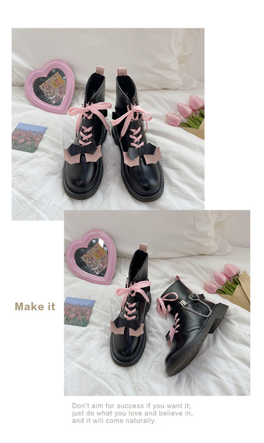 Buty damskie Lolita w różowym kolorze, sznurowane, o grubej podeszwie z łańcuchem metalowym - Wianko - 7