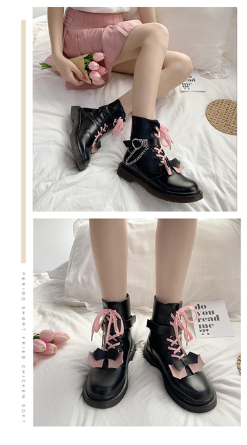 Buty damskie Lolita w różowym kolorze, sznurowane, o grubej podeszwie z łańcuchem metalowym - Wianko - 4