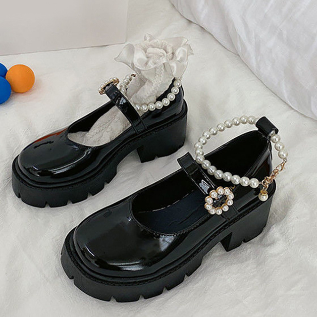 Vintage British Style - Zapatillas Mujer z dekoracją perłową, Mary Janes z paskiem i klamrą, platformowe buty damskie na słupku (2021) - Wianko - 4