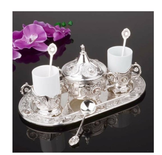Porcelanowy zestaw filiżanek do kawy z tacy srebrnej, dla 2 osób, stylem autentycznej Turcji - Wianko - 1