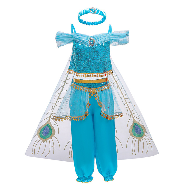 Dziecięcy kostium księżniczki Aladyna w stylu jaśminowym - niebieska i zielona sukienka na Halloween i karnawał - Wianko - 2